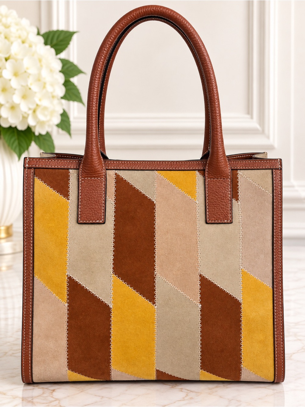 Vintage Y2K Claudia Firenze Brown Suede Leather Patchwork Tote Shoulder Bag